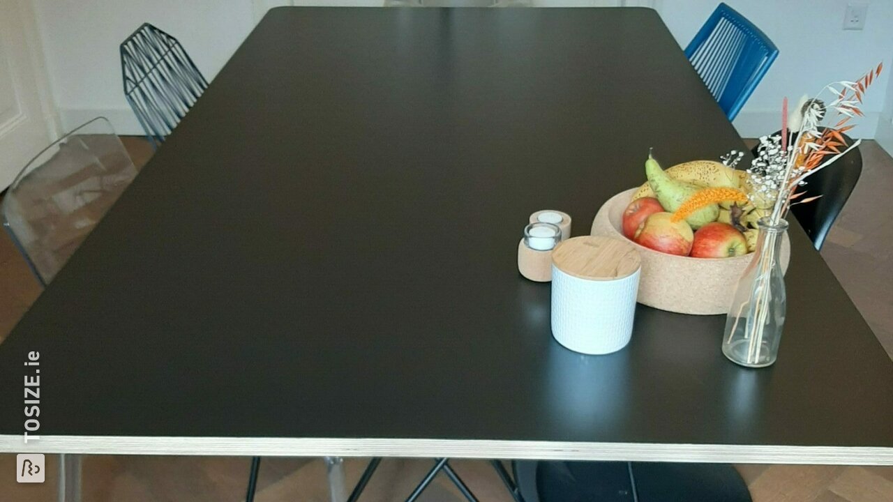 Black painted plywood dining table, with wooden edge, by Yvonne