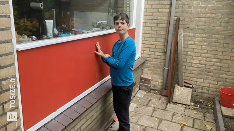 Replaced facade panel with waterproof okoumé plywood, by Jurjen