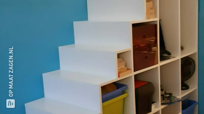 DIY stair cupboard with storage bins, by Rutger