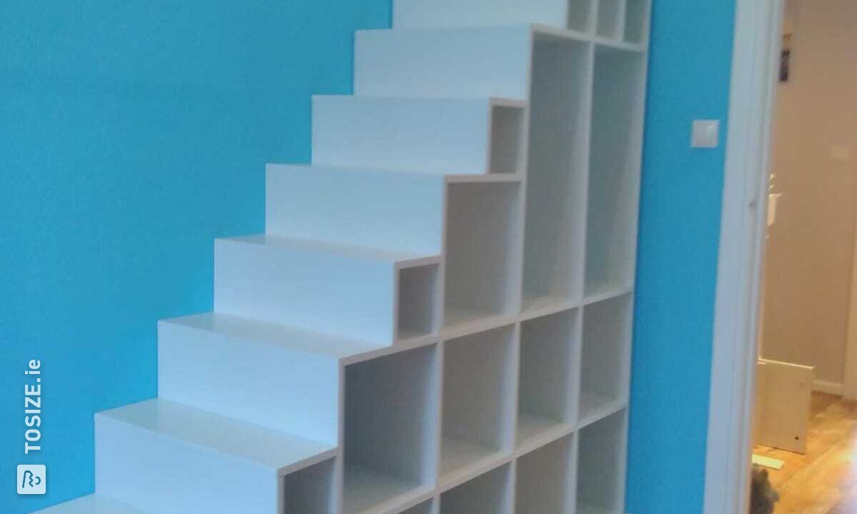 DIY stair cupboard with storage bins, by Rutger