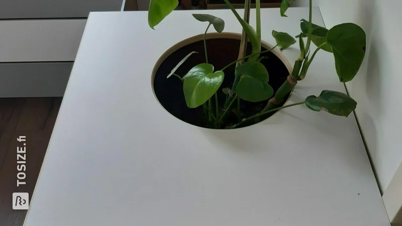 Waste bin conversion with planter and shelves, by Mark