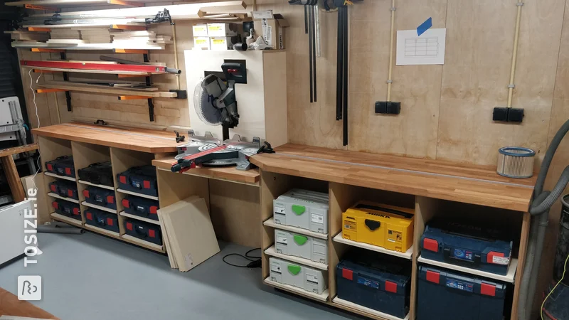Homemade systainer cabinet and cross-cut saw station, by Jochem