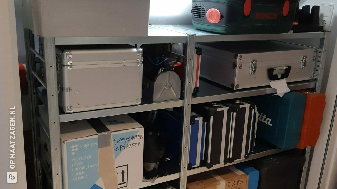 Beuken onderplank verrijdbare stellingkasten, door René