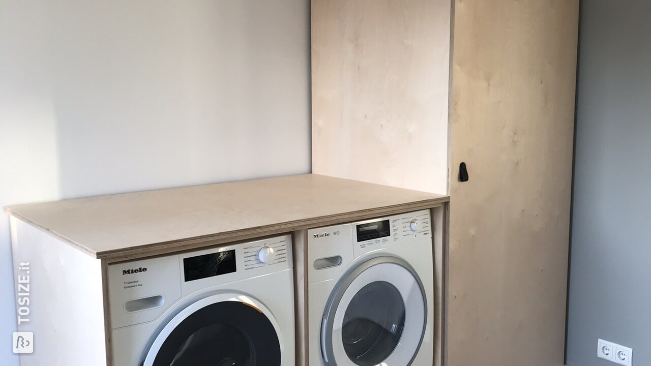 Washing machine enclosure with cabinet made from birch plywood, by Kim