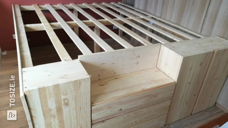 Bed with storage of spruce wood