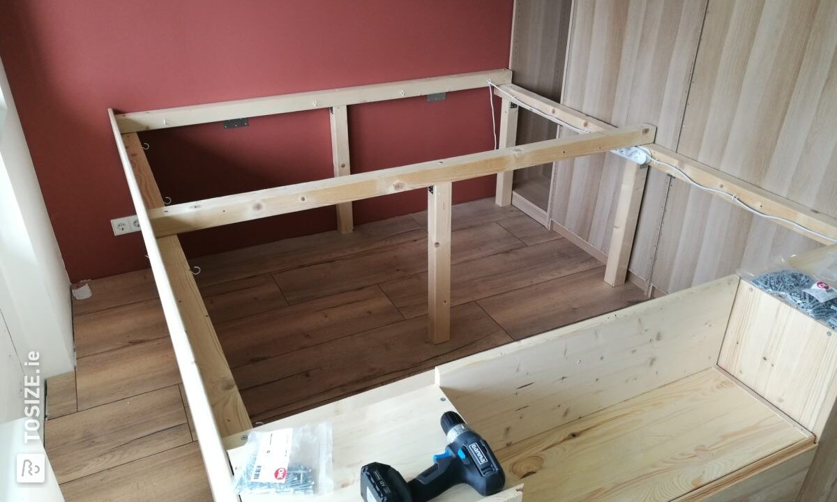 Bed with storage of spruce wood