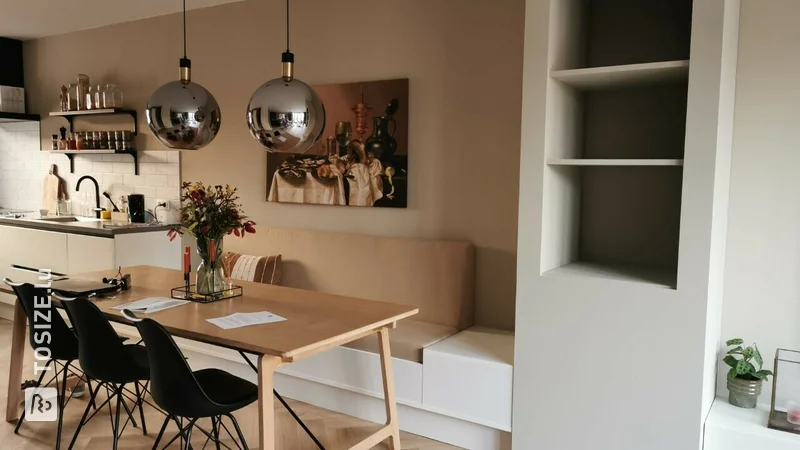 DIY: dining room sofa with adjoining custom built-in cupboard, by Ashley