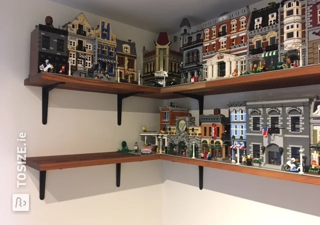 Project Lego houses: custom floating mahogany wall shelves