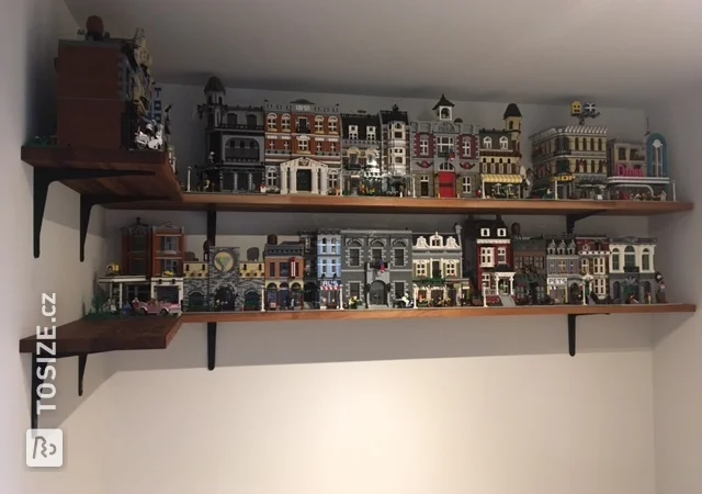 Project Lego houses: custom floating mahogany wall shelves