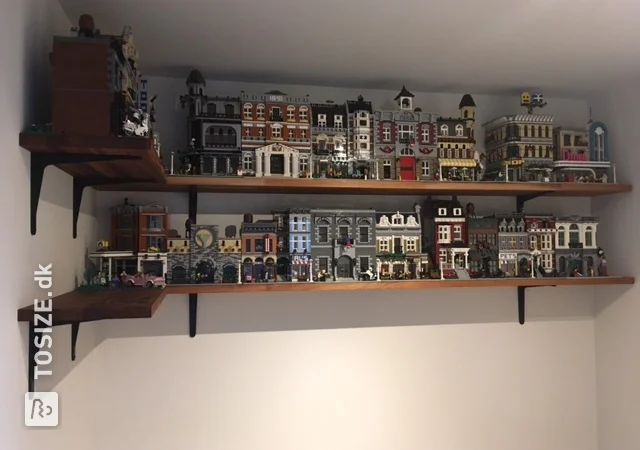 Project Lego houses: custom floating mahogany wall shelves