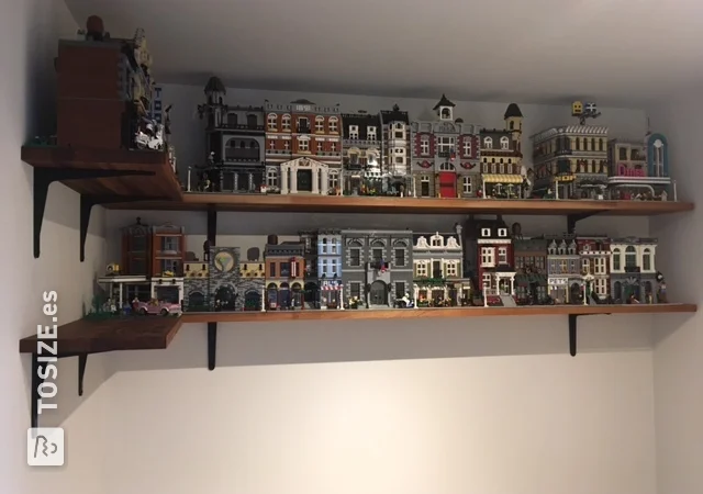 Project Lego houses: custom floating mahogany wall shelves