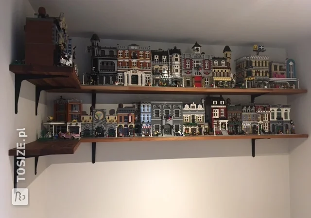 Project Lego houses: custom floating mahogany wall shelves