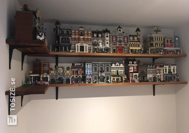 Project Lego houses: custom floating mahogany wall shelves