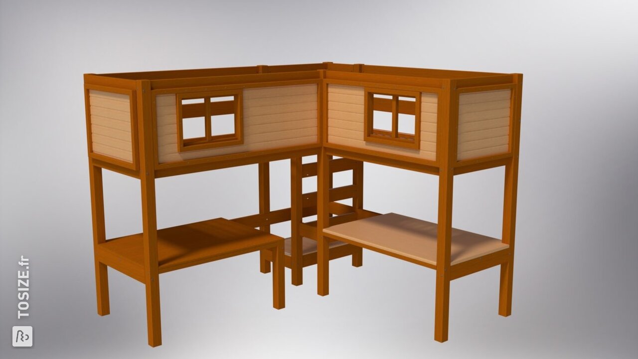 Lit mezzanine double avec bureau en pin