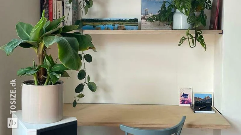 Plywood wall shelves and floating desk in alcove, by Emma