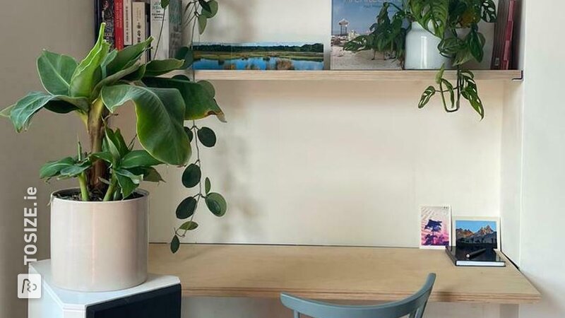 Plywood wall shelves and floating desk in niche, by Emma