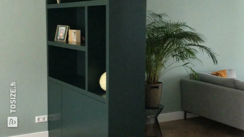 Green compartment cabinet as a room divider, by Esther