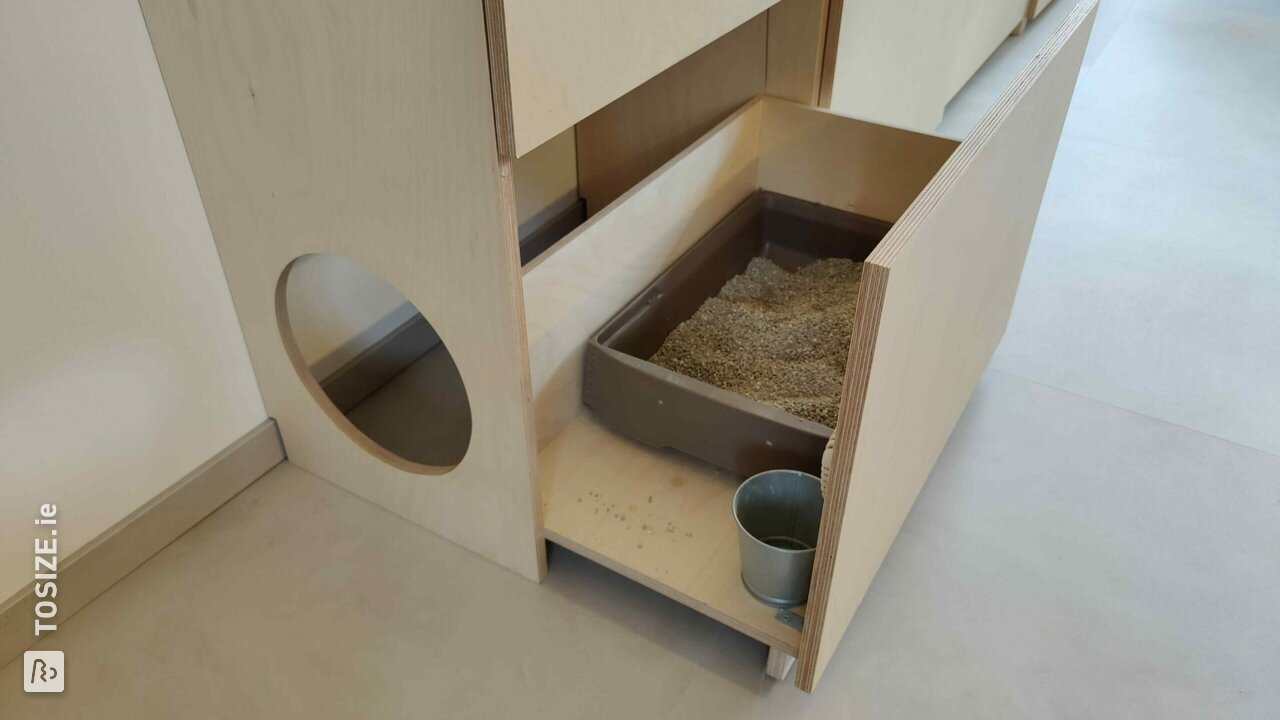 Multifunctional wall unit with sit-stand workplace and litter box, by Sam
