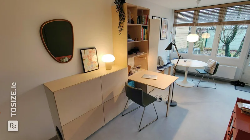 Multifunctional wall furniture with sit-stand workplace and litter box, by Sam