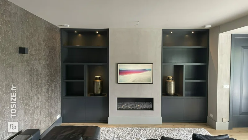 MDF lacquer carrier foil compartment cabinets next to the fireplace, by Lars