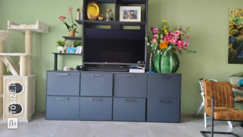 Homemade TV cabinet with surface, by Arjan