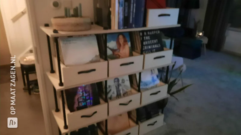 Homemade LP cabinet made of plywood for more than 500 records, by Kor