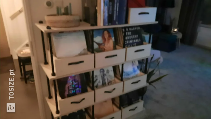 Homemade LP cabinet made of plywood for more than 500 records, by Kor