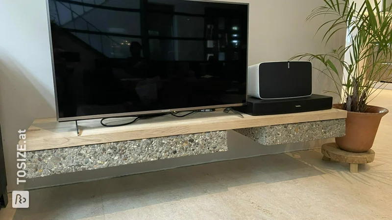 Hanging TV cabinet made of oak and stone, by Bowie