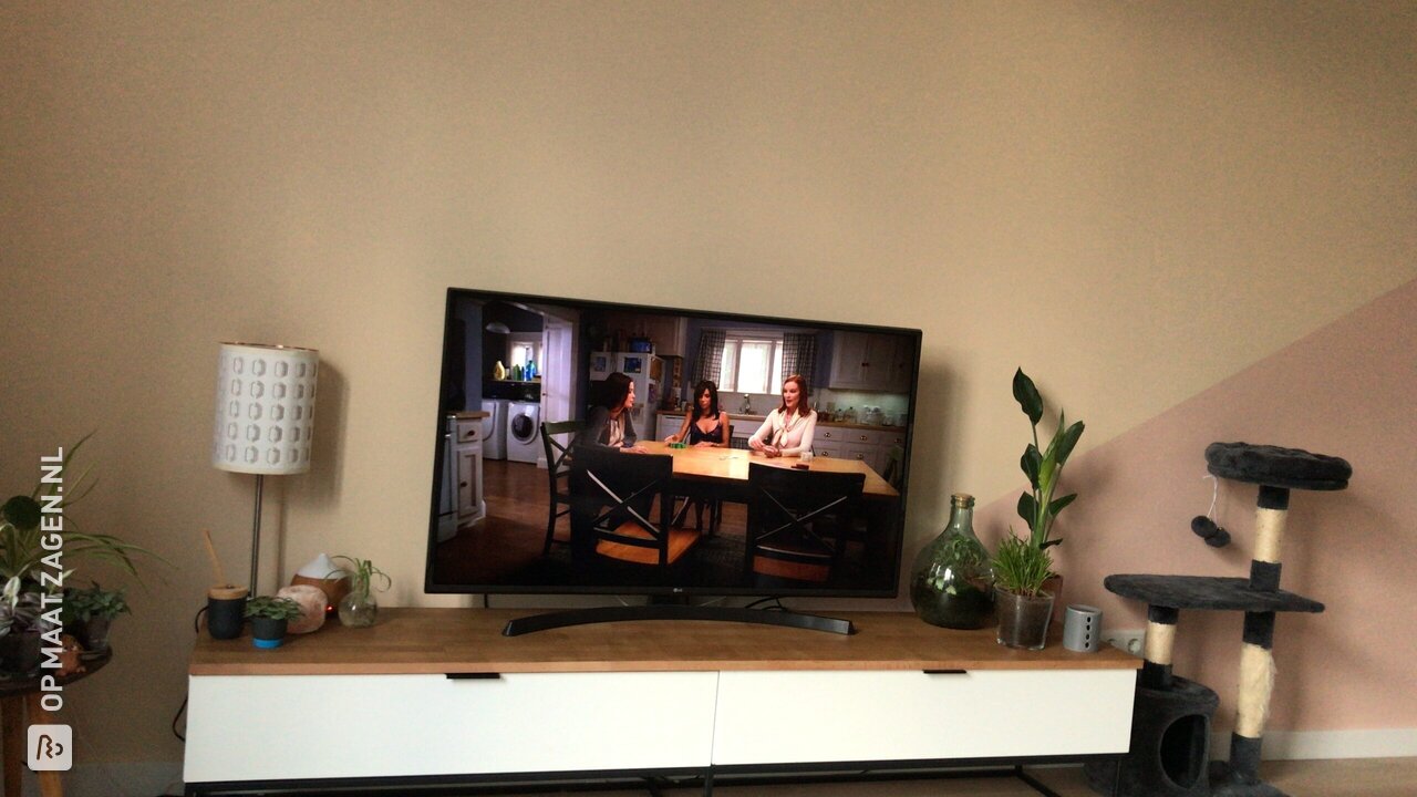 Vernieuwd TV meubel met Beuken timmerpaneel, door Hilde