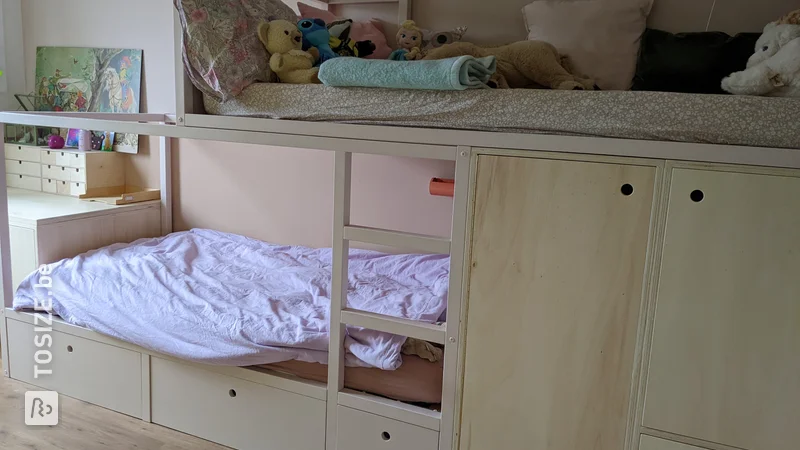 Homemade loft bed with integrated desk, by Femke