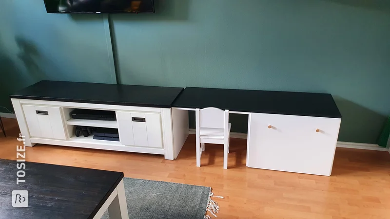 Black table top for toy drawer and desk, by Charlotte