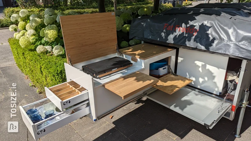Homemade kitchen unit and storage drawer for the trailer tent, by Michiel
