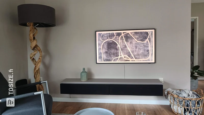 Slim floating TV cabinet with speaker cloth, homemade by Ben