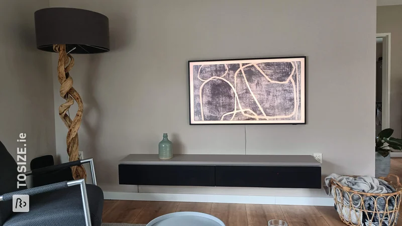 Slim floating TV cabinet with speaker cloth, homemade by Ben