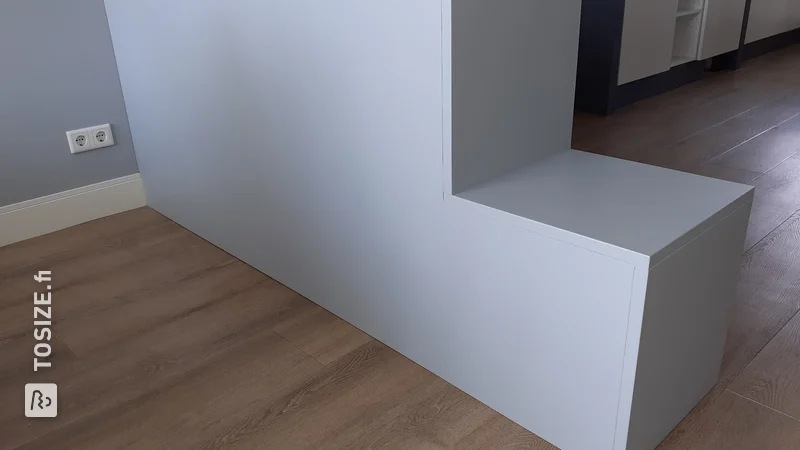 A homemade room divider cabinet made of MDF with Ikea cabinets as a base, by Arjan