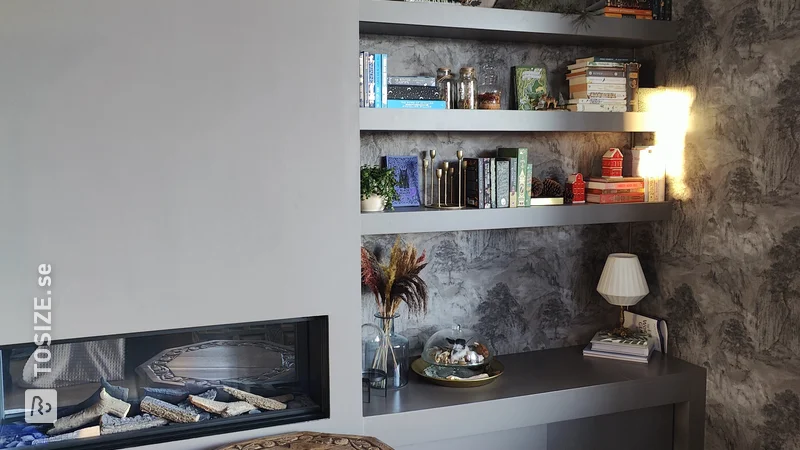 Floating bookshelves and sliding doors made of MDF, by Julian