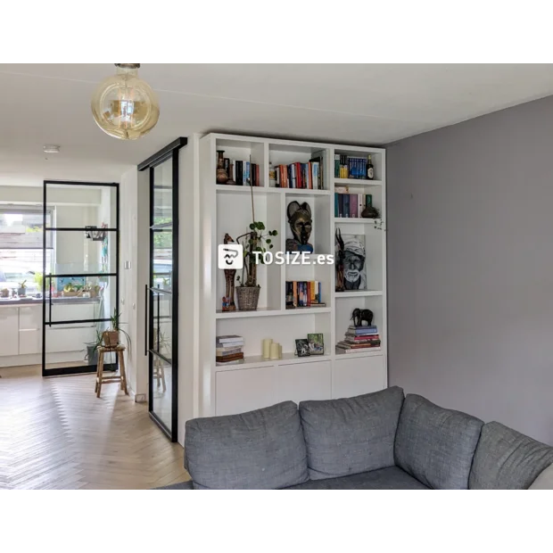 White cupboard wall with open compartments and doors