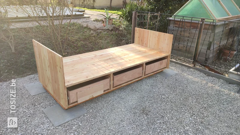 Three custom-made outdoor drawers made of waterproof Okoume plywood by Stefan