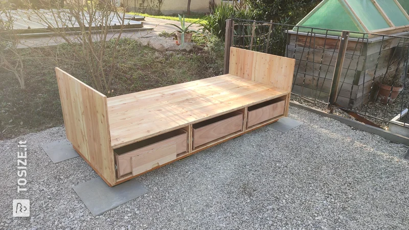 Three custom-made outdoor drawers made of waterproof Okoume plywood by Stefan