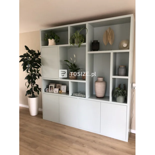 Light green cupboard wall with doors and open compartments