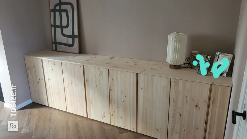 Pimping an Ikea Ivar cupboard with a custom pine carpentry panel, by Ruben