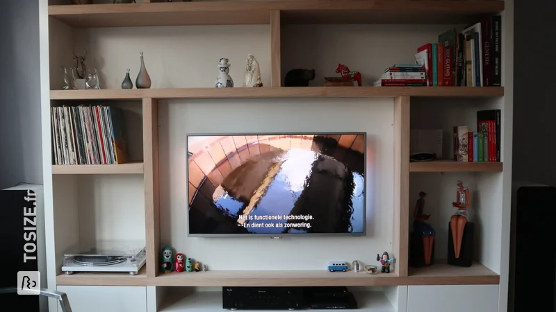 Compartment cupboard of melamine faced white chipboard and oak veneer, by Niek and Mieke