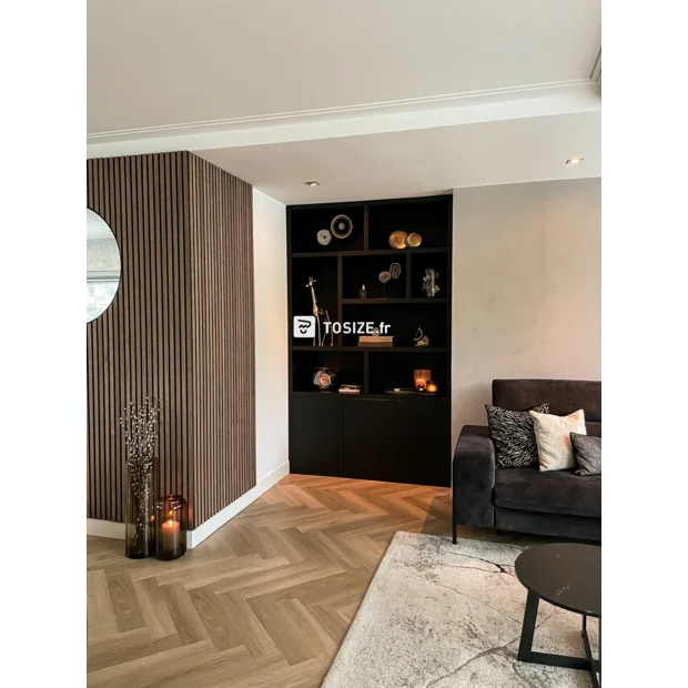 Black sideboard with doors and open compartments