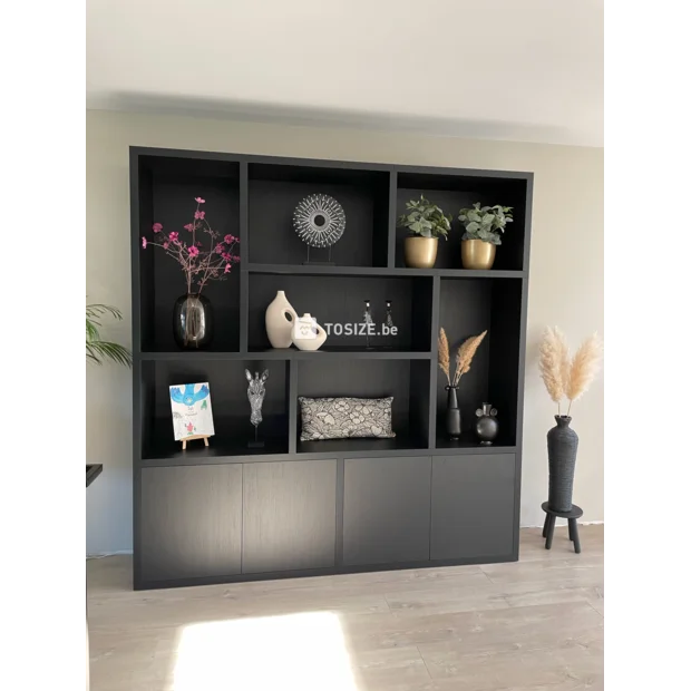 Black cupboard wall with doors and open compartments