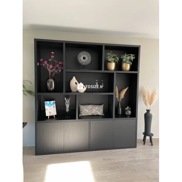 Placard mural noir avec portes et compartiments ouverts