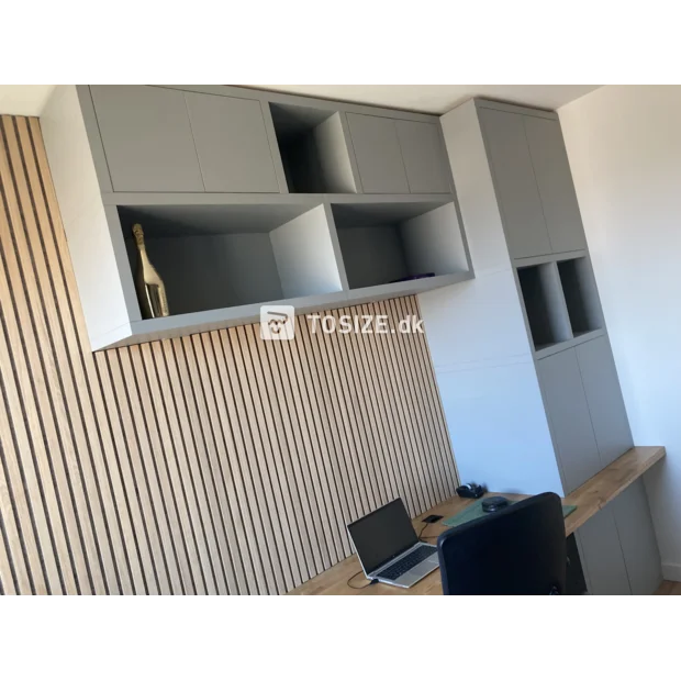 Gray sideboard with doors and open compartments