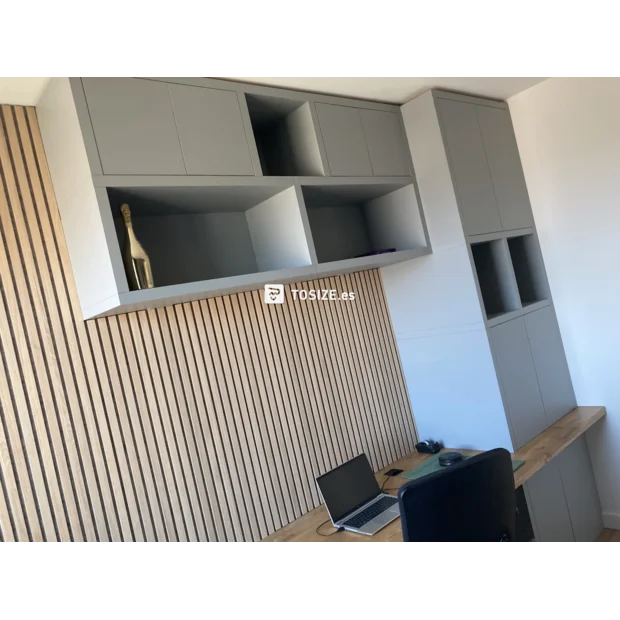 Gray sideboard with doors and open compartments