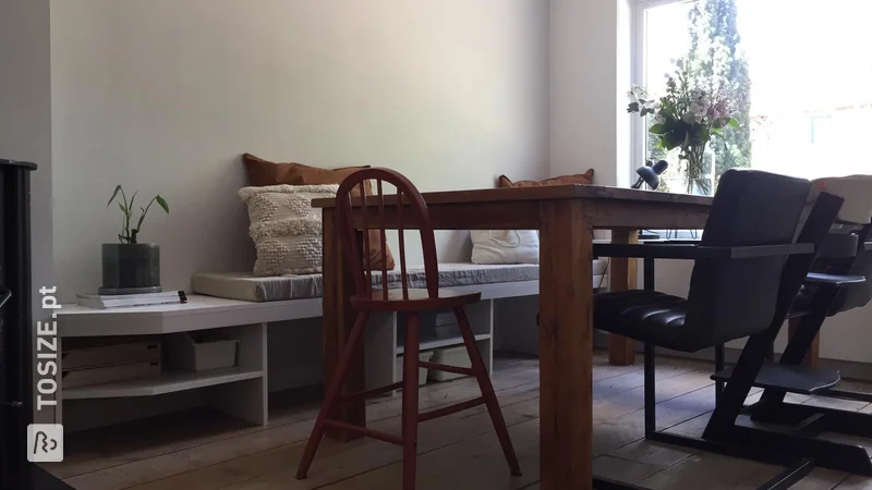 Homemade dining bench with custom storage space made of MDF, by Coralie