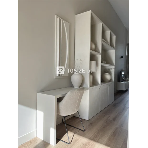 White sideboard with open compartments and doors