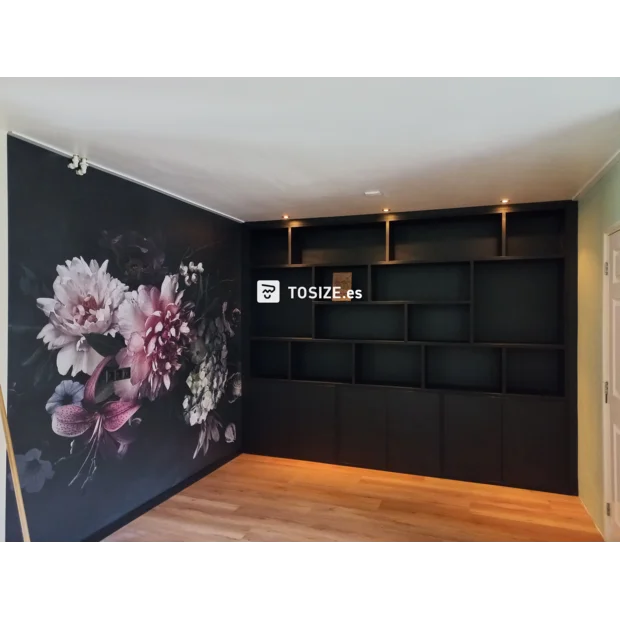 Black cupboard wall with doors and open compartments